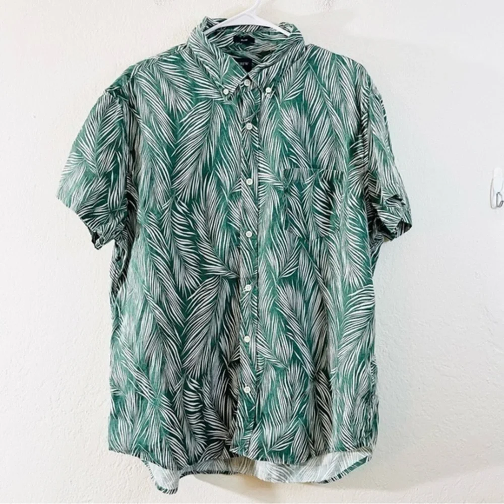 J. Crew Printed Short-Sleeve Slim Linen Blend Shirt Size XL Green/White Pockets